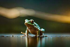 ein Frosch Sitzung auf das Boden mit ein verschwommen Hintergrund. KI-generiert foto