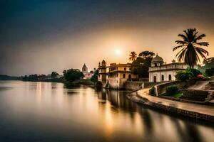 das Sonne steigt an Über ein Fluss im Indien. KI-generiert foto