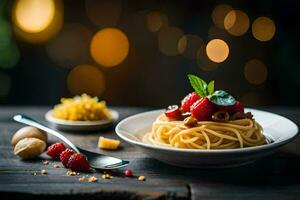 Spaghetti mit Beeren und Nüsse auf ein hölzern Tisch. KI-generiert foto