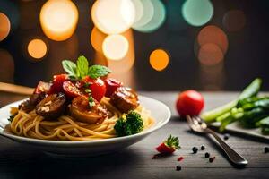 Spaghetti mit Fleisch und Gemüse auf ein hölzern Tisch. KI-generiert foto