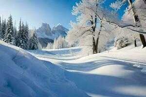 ein schneebedeckt Landschaft mit Bäume und Schnee. KI-generiert foto