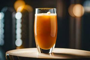 ein Glas von Orange Saft Sitzung auf ein Tisch. KI-generiert foto