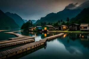 Foto Hintergrund das Himmel, Berge, Wasser, Berge, See, Haus, Haus, Haus,. KI-generiert