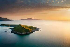 ein Insel im das Mitte von das Ozean mit ein Sonnenuntergang. KI-generiert foto