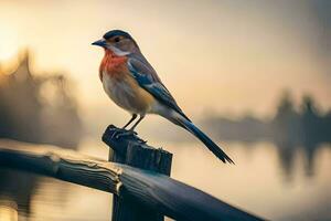 ein Vogel Sitzung auf ein hölzern Zaun in der Nähe von ein See. KI-generiert foto