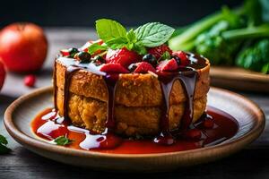 ein Dessert mit Soße und Beeren auf ein Platte. KI-generiert foto