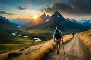 ein Mann mit ein Rucksack und Wandern Stangen Spaziergänge Nieder ein Schmutz Straße im das Berge. KI-generiert foto