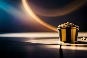 ein Eimer von Popcorn auf ein Tabelle mit ein Licht hinter Es. KI-generiert foto