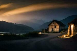 Foto Hintergrund das Himmel, Berge, See, Straße, Haus, Licht, das Himmel, Die. KI-generiert