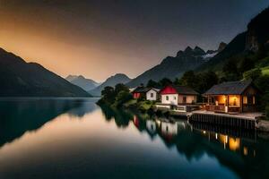 ein Haus sitzt auf das Kante von ein See beim Sonnenuntergang. KI-generiert foto