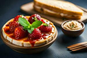 Käsekuchen mit Erdbeeren und Honig auf ein hölzern Platte. KI-generiert foto