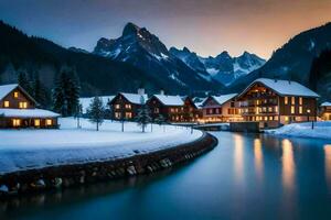 ein Fluss läuft durch ein schneebedeckt Berg Dorf beim Nacht. KI-generiert foto