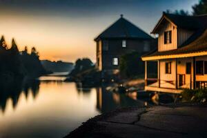 ein Haus sitzt auf das Seite von ein Fluss beim Sonnenuntergang. KI-generiert foto