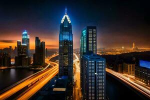 das Stadt Horizont beim Nacht mit der Verkehr Beleuchtung. KI-generiert foto