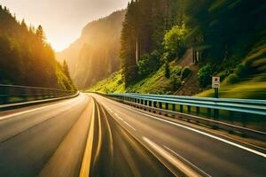 ein Auto Fahren auf ein Autobahn mit Bewegung verwischen. KI-generiert foto