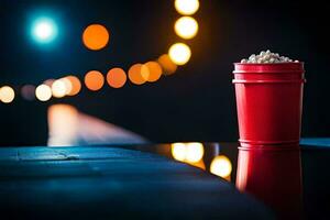ein rot Eimer mit Popcorn Sitzung auf ein Tisch. KI-generiert foto