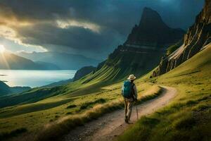 ein Mann mit ein Rucksack Spaziergänge entlang ein Pfad im das Berge. KI-generiert foto