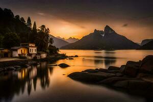 ein See und Berge beim Sonnenuntergang. KI-generiert foto