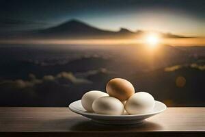 Eier auf ein Teller mit ein Berg im das Hintergrund. KI-generiert foto