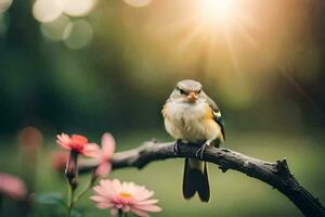 ein Vogel sitzt auf ein Ast im Vorderseite von Blumen. KI-generiert foto
