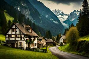 ein klein Dorf im das Berge mit ein Straße führen zu Es. KI-generiert foto