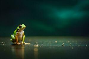 ein Frosch Sitzung auf das Boden mit ein dunkel Hintergrund. KI-generiert foto