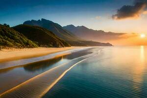 das Sonne steigt an Über das Berge und das Strand. KI-generiert foto