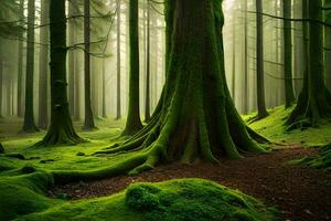 ein Grün Wald mit Bäume und Moos. KI-generiert foto