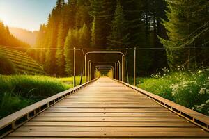 hölzern Brücke im das Wald. KI-generiert foto