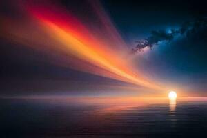 ein schön Sonnenuntergang Über das Ozean mit ein hell Licht. KI-generiert foto