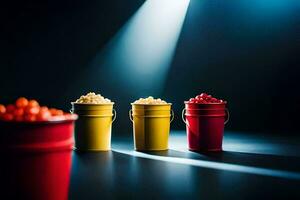drei Eimer von Popcorn auf ein dunkel Tisch. KI-generiert foto