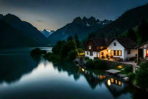 ein Haus sitzt auf das Ufer von ein See beim Nacht. KI-generiert foto