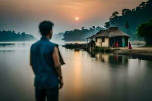 ein Mann Stehen im Vorderseite von ein Haus auf das Wasser. KI-generiert foto