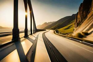 ein Auto Fahren auf ein Autobahn mit das Sonne Rahmen hinter Es. KI-generiert foto