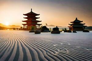 das Sonne steigt an Über das Sand Dünen und Pagode im das Hintergrund. KI-generiert foto