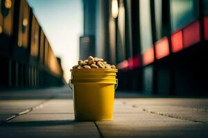 ein Gelb Eimer gefüllt mit Erdnüsse sitzt auf das Bürgersteig. KI-generiert foto
