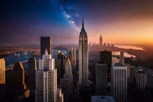 das milchig Weg scheint Über das Horizont von Neu York Stadt. KI-generiert foto