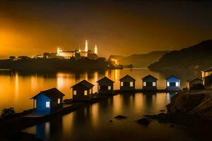 ein See mit Häuser auf es beim Nacht. KI-generiert foto