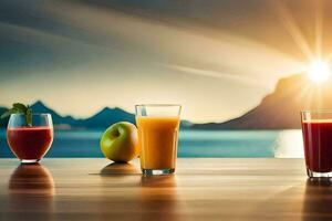 drei Brille von Saft auf ein Tabelle mit das Sonne Rahmen hinter ihnen. KI-generiert foto