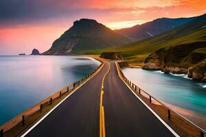 ein Straße führen zu das Ozean beim Sonnenuntergang. KI-generiert foto