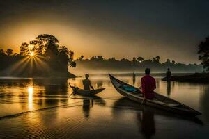 zwei Männer im ein Kanu auf das Fluss beim Sonnenaufgang. KI-generiert foto