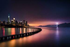 ein lange Seebrücke mit ein Stadt Horizont im das Hintergrund. KI-generiert foto