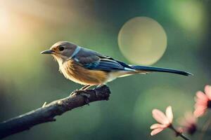 ein Vogel sitzt auf ein Ast mit Blumen im das Hintergrund. KI-generiert foto