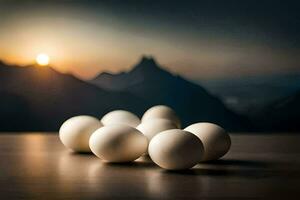 Eier auf ein Tabelle mit Berge im das Hintergrund. KI-generiert foto
