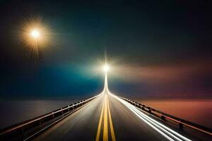 ein lange Brücke mit Licht Wanderwege und ein hell Licht. KI-generiert foto