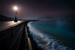 ein lange Exposition fotografieren von ein Seebrücke beim Nacht. KI-generiert foto