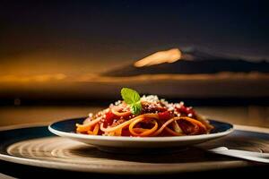 ein Teller von Pasta mit ein Berg im das Hintergrund. KI-generiert foto