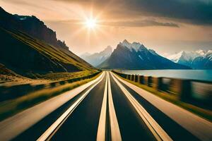 ein Straße mit Berge im das Hintergrund. KI-generiert foto