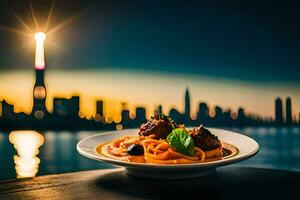 ein Teller von Spaghetti mit Fleischklößchen und ein Aussicht von das Stadt. KI-generiert foto