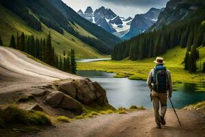 ein Mann mit ein Rucksack Spaziergänge Nieder ein Pfad in der Nähe von ein See. KI-generiert foto